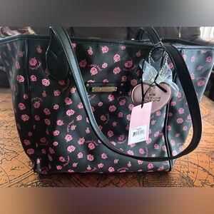 Betsey Johnson Black Tote with Pink Rose Pattern